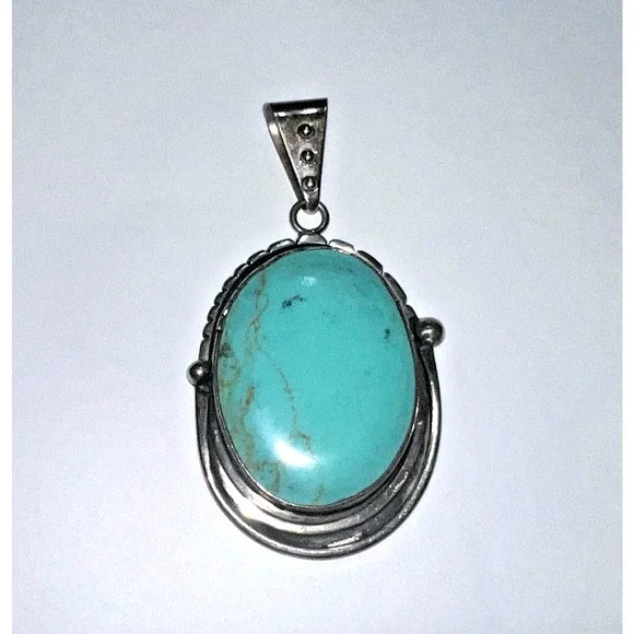 Vintage Sterling Silver Large Kingman Turquoise Pendant Southwest Navajo Style - Picture 2 of 5